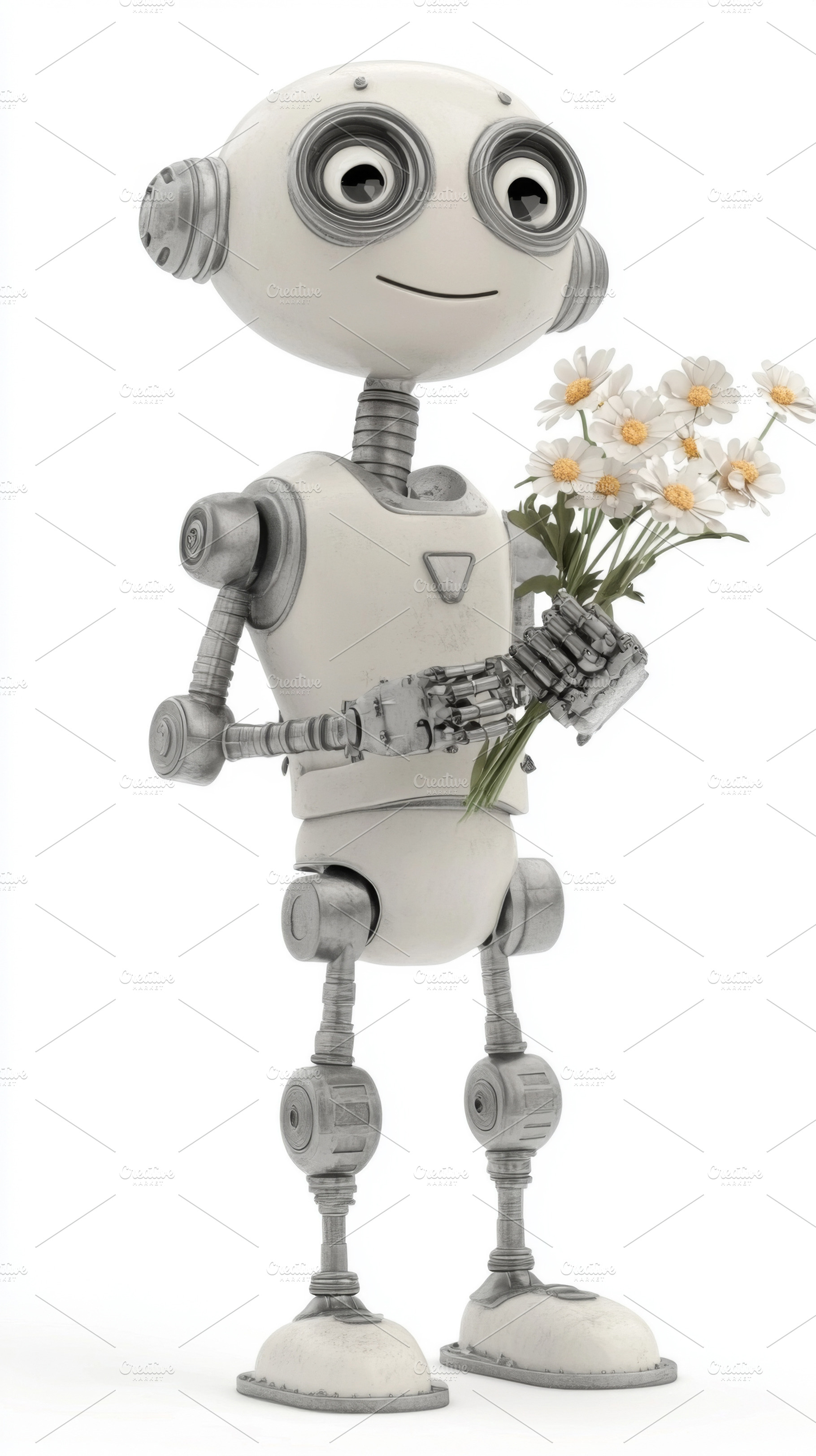 Robot holding bouquet of flowers, a Photo by Dvoevnore photos