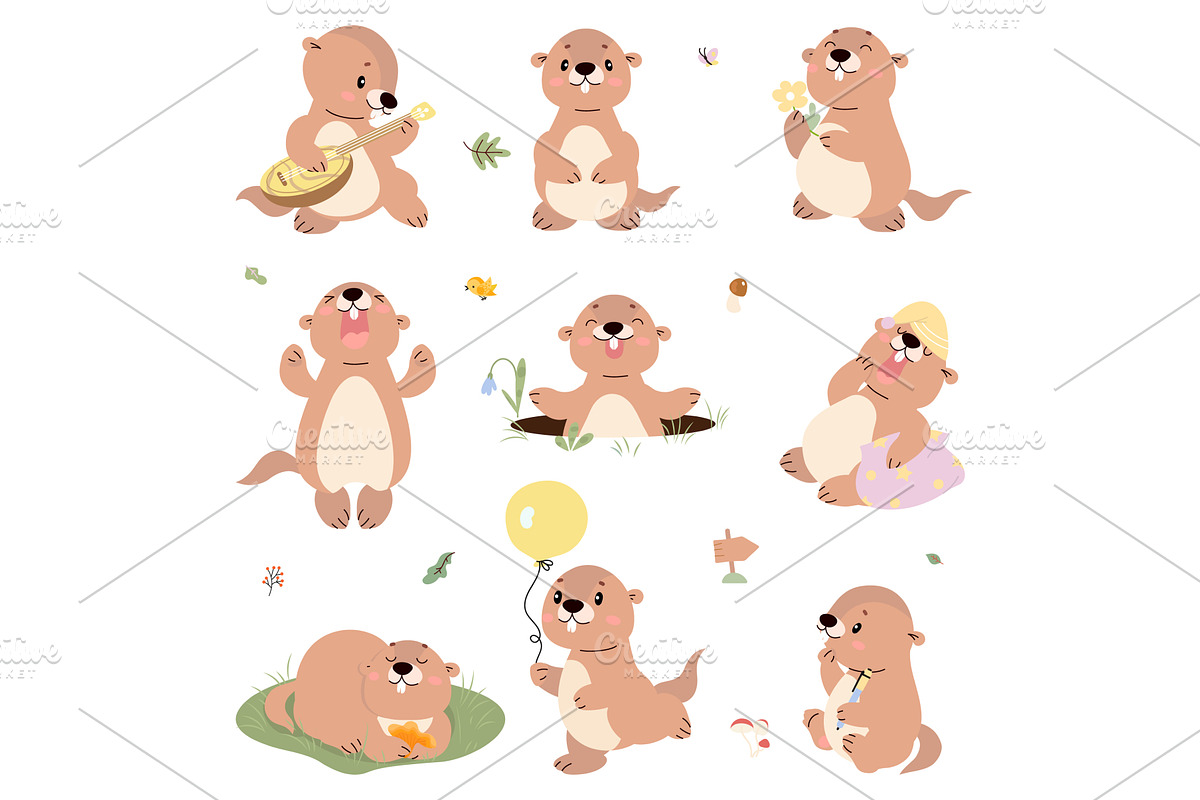 Cartoon groundhogs. Marmots various, an Animal Illustration by Valerie Bodnar