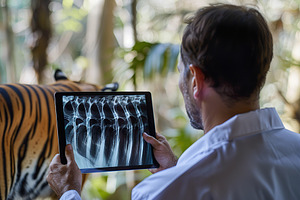Male veterinarian assesses the tiger health on tablet with X-ray scan, a Health & Medical Photo by AlyaAnd
