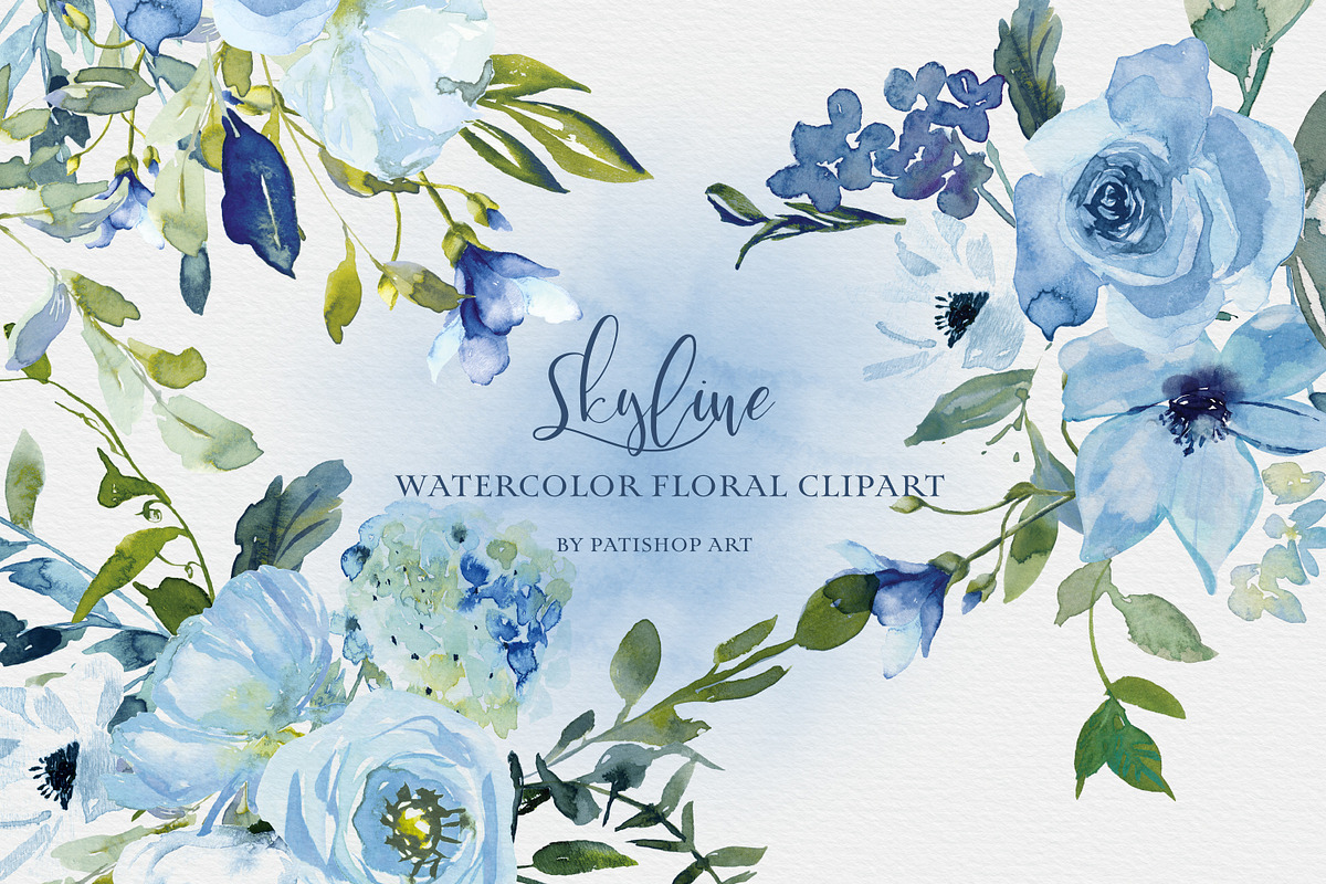 Watercolor Blue Florals Clipart Set, a Decorative Illustration by Patishop Art (Photo 3 of 14)