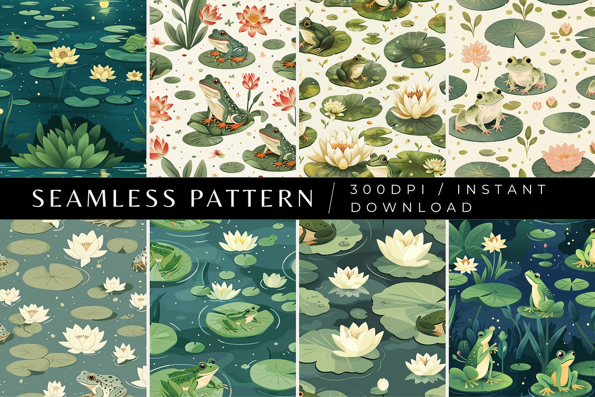 8 Frog Seamless Patterns, a Pattern Graphic by Inknfolly (Photo 1 of 6)
