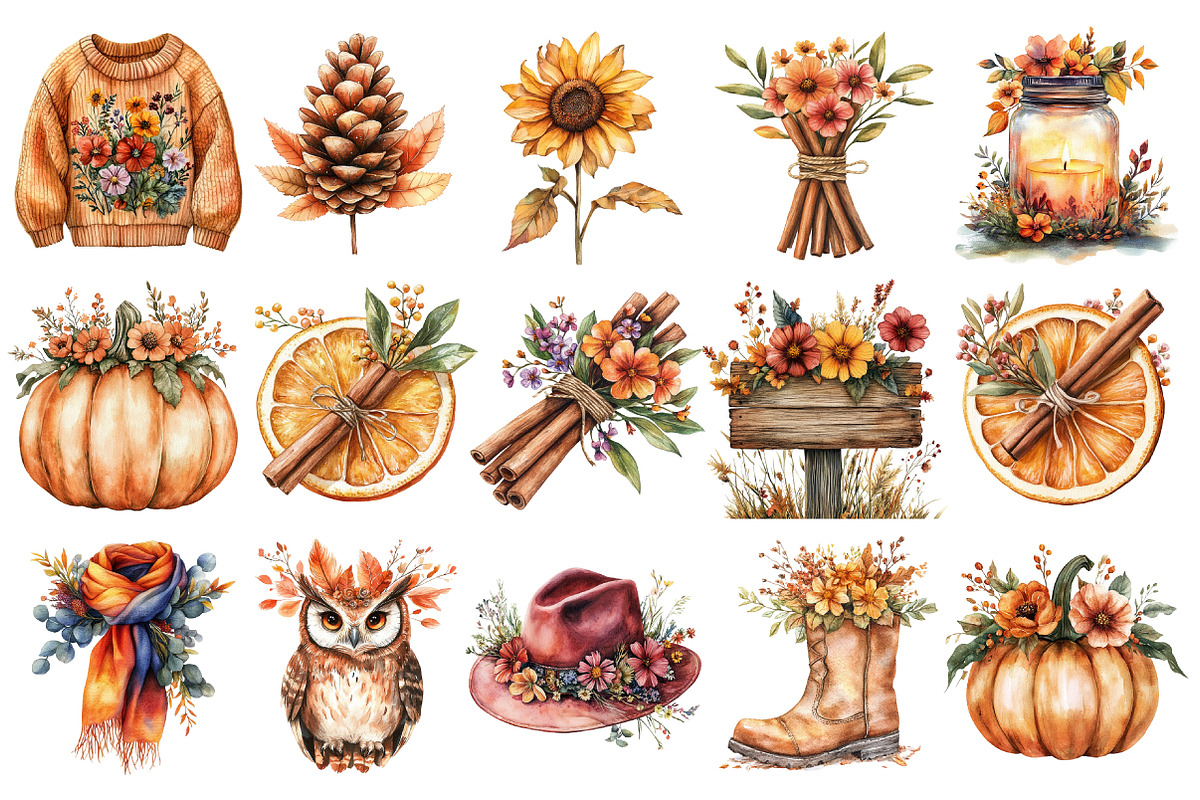 Watercolor Autumn flower Clipart, an Illustration by SinaCreation (Photo 2 of 5)