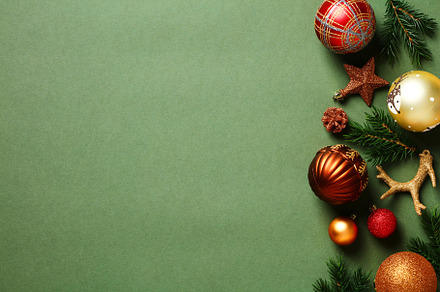 Vintage Christmas background with red and golden Xmas balls decorations, fir br, a Holiday Photo by photoguns