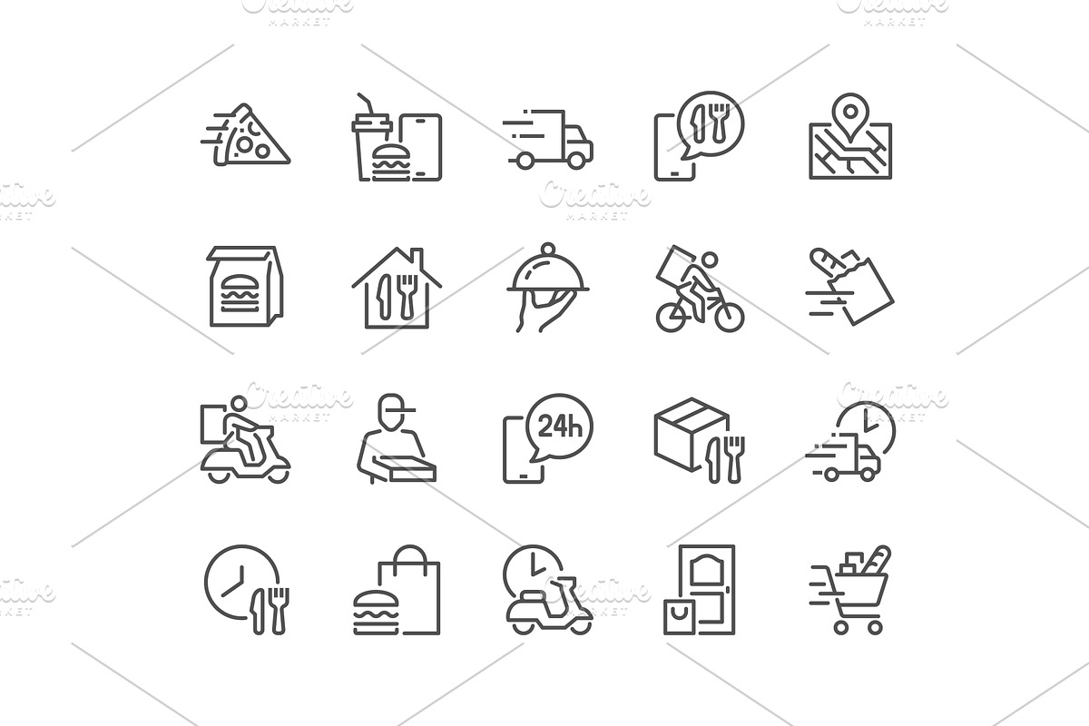 Line Food Delivery Icons, a Food Illustration by Davooda