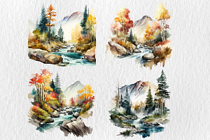 Watercolor Mountain River Landscape