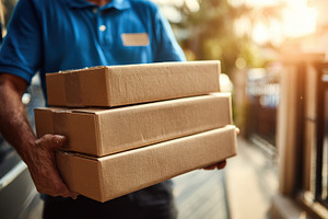 Delivery man carrying three cardboar, a Photo by Pixeness Studio