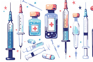 Colorful medical illustration of syringes, vials, and medicine supplies, an Illustration by AS photostudio