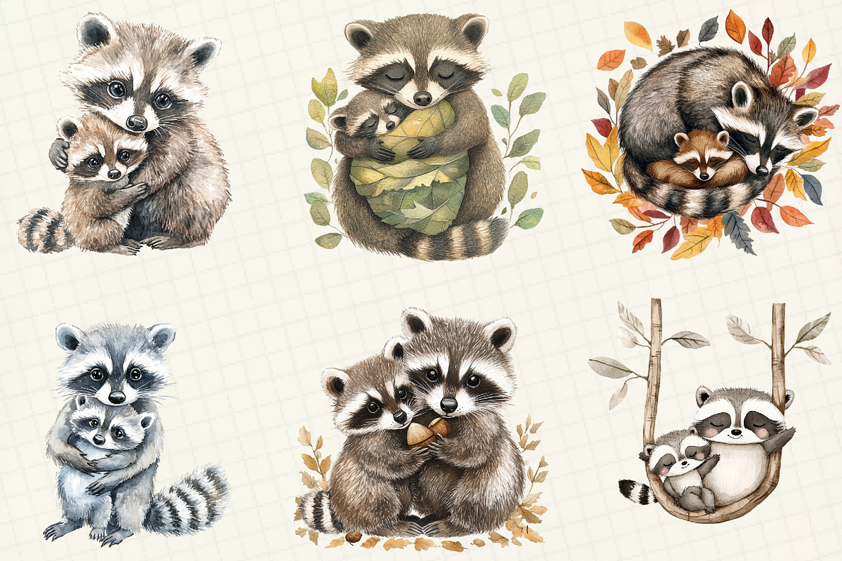 Watercolor Raccoon & Kit Clipart, an Illustration by OK Design (Photo 3 of 5)