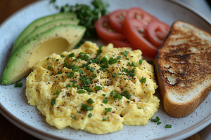 Creamy scrambled eggs with avocado,, a Photo by Tanuart