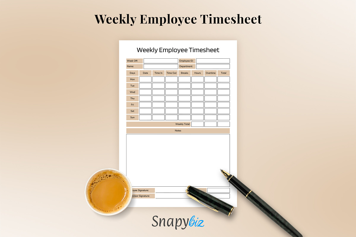 Time Tracking Worksheet For Employee, a Print Template by Snapybiz