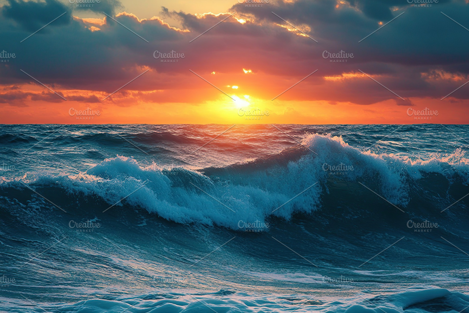 Ocean waves rolling as the sun sets on the horizon with vibrant colors and dram, a Nature Photo by AlyaAnd