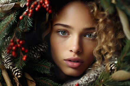 Curly Woman in Christmas Wreath, a Holiday Photo by Iconogenic