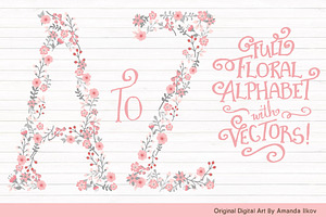 Pink & Grey Floral Alphabet Vectors, an Illustration by Amanda Ilkov