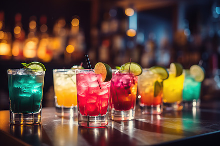 Different alcohol cocktails on bar counter, a Food & Drink Photo by AlyaAnd