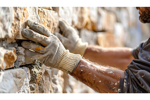 A mason builds a stone wall with, an Industrial Photo by Igor Tichonow