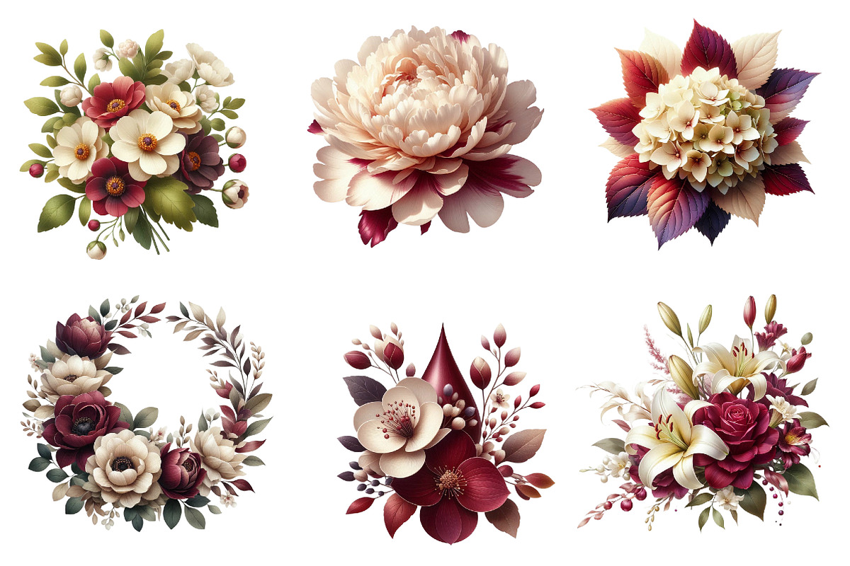 Burgundy & Ivory Floral Clipart, an Illustration by Dream Creation (Photo 6 of 7)