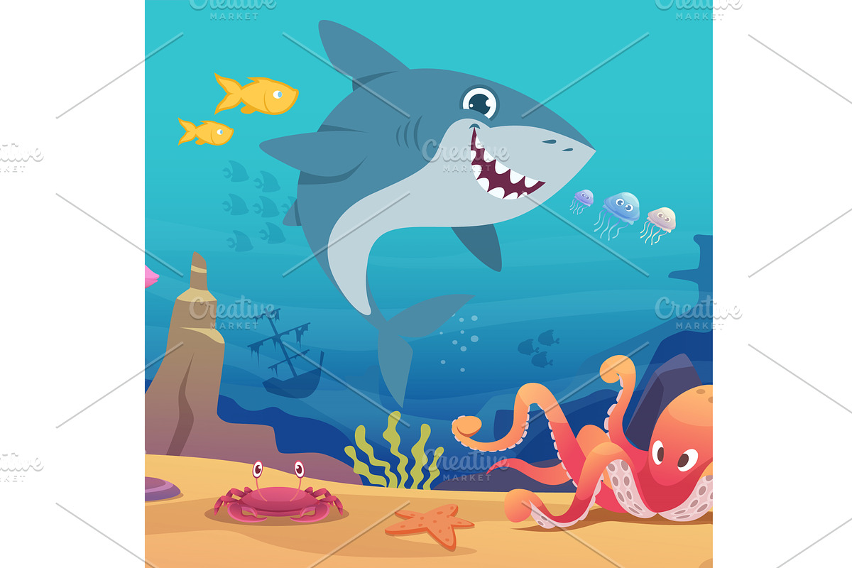 Underwater life. cartoon shark with, an Animal Illustration by Onyx