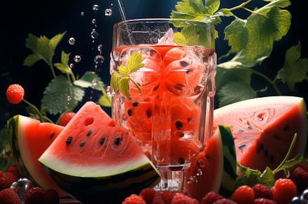 Fresh tropical cocktail with watermelon and ice with tropical trees and plants, a Food & Drink Photo by Natalia Klenova's Shop