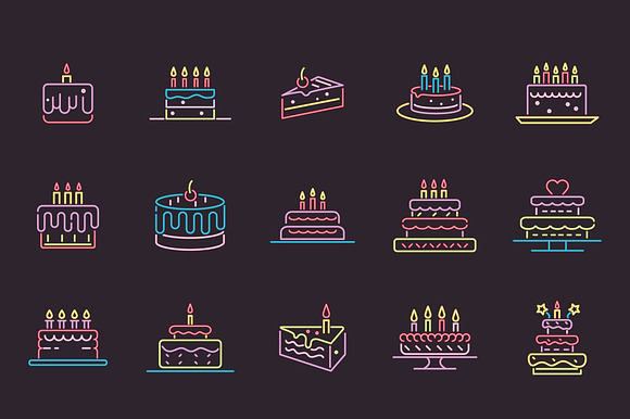 Neon Birthday Cake Icons Set preview 2