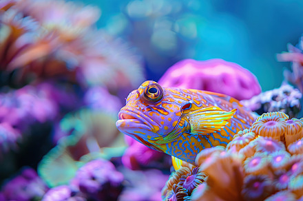 Jawfish in aquarium with blue water and corals, an Animal Photo by AlyaAnd