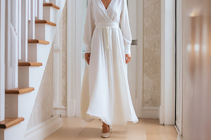Bride walking in white wrap dress along a domestic hallway, cele, a Photo by Studio ANNA