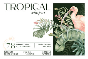 Tropical leaves and birds watercolor