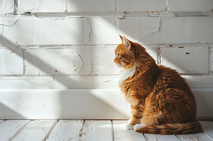 Cute red cat sitting on floor near blank wall, an Animal Photo by AlyaAnd