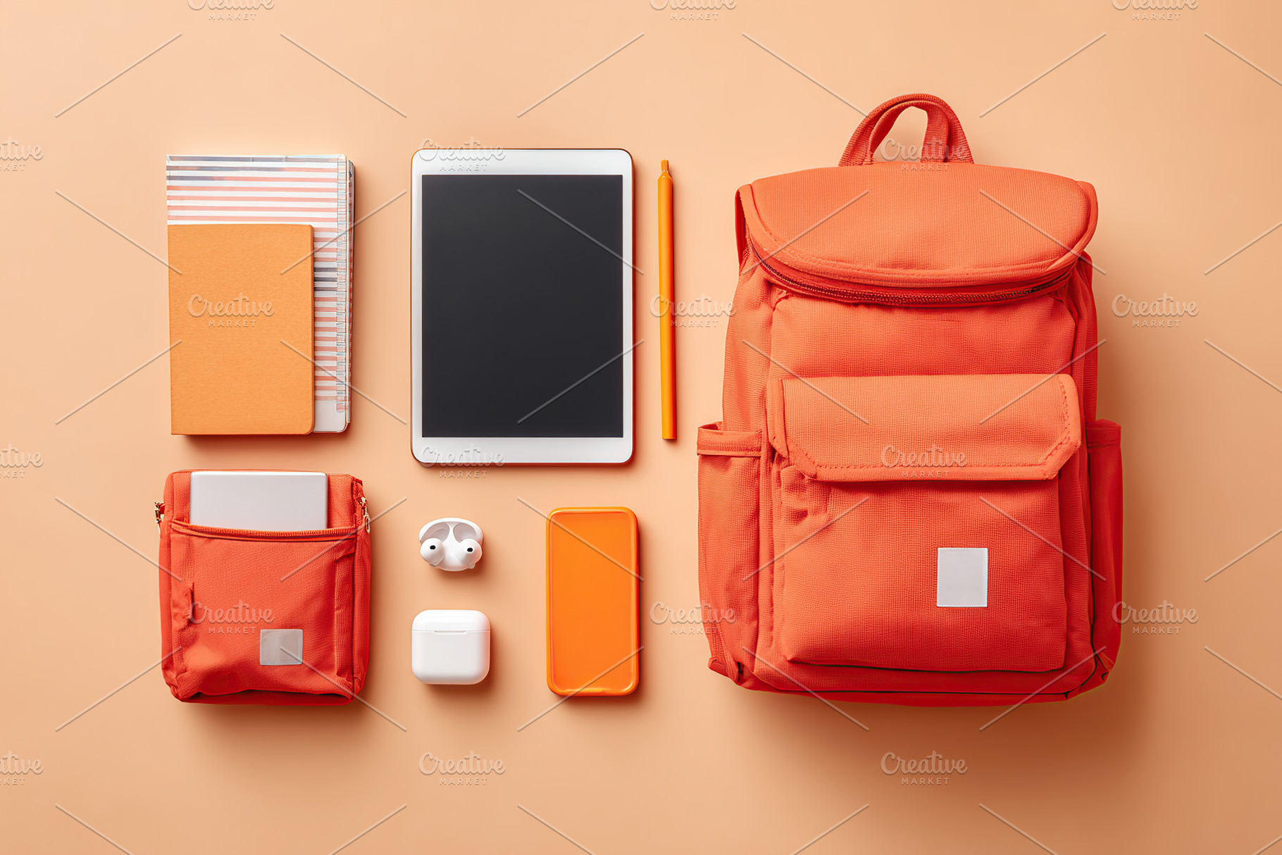 Bright orange backpack and accessories arranged neatly on a flat surface, a Photo by AlyaAnd