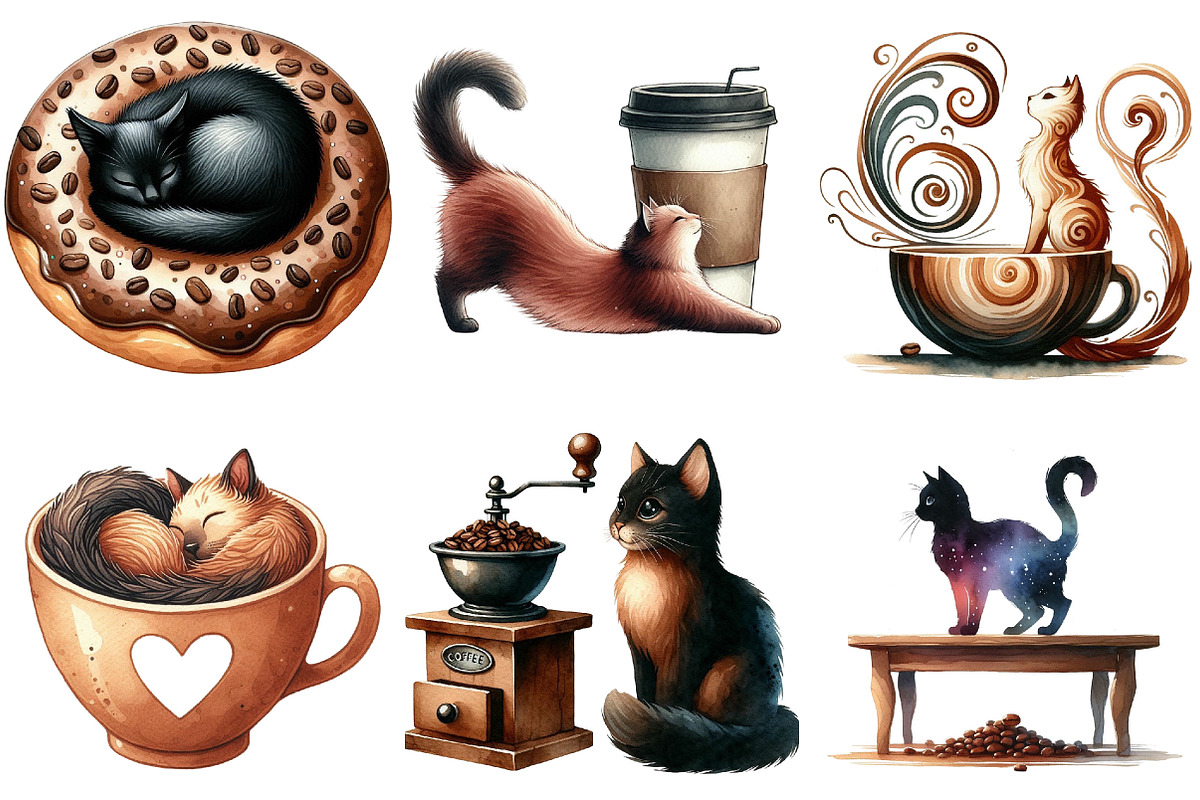 Cat Silhouette Love Coffee Clipart, an Illustration by Pixels.Craft (Photo 2 of 8)