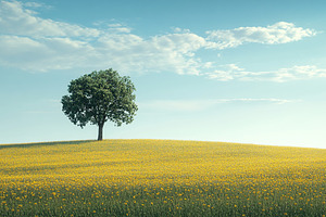 Green tree standing along in the meadow, a Nature Photo by AlyaAnd