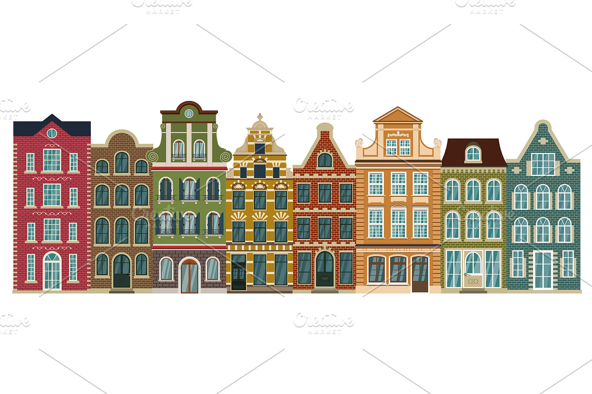 Set of European houses and trees