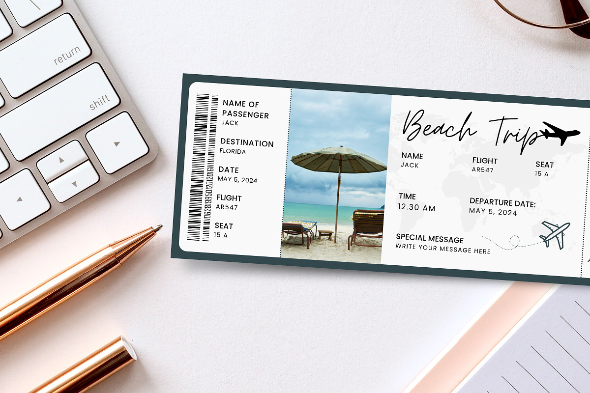 Beach Vacation Trip Ticket Template, an Invitation Template by Snapybiz (Photo 10 of 10)