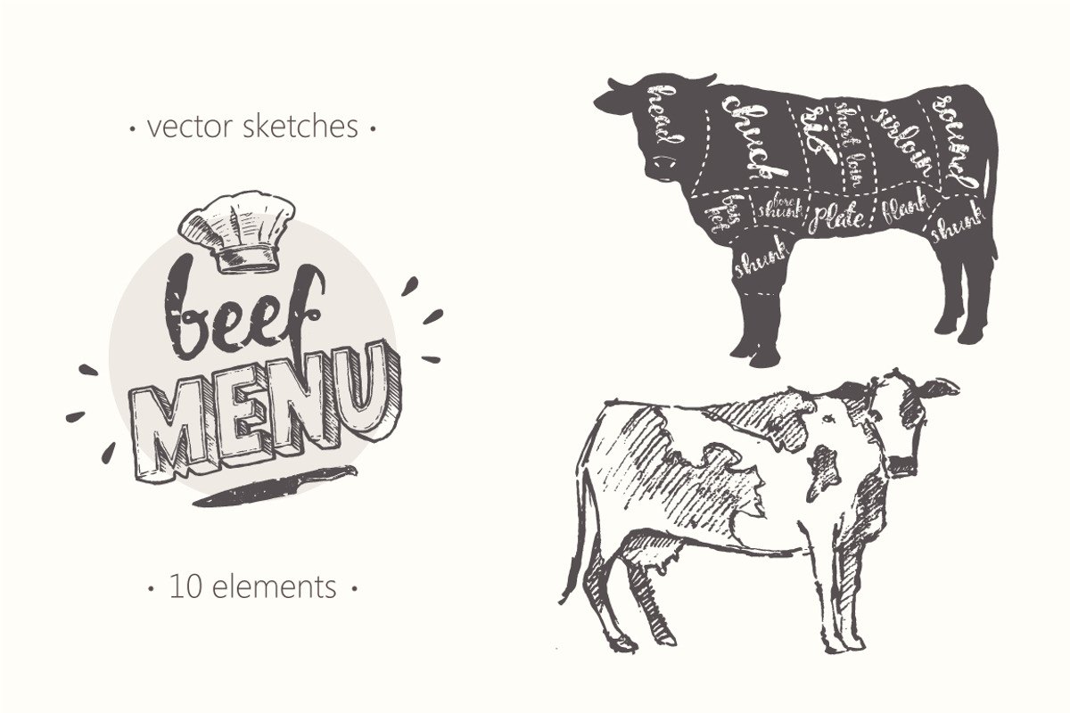 Design elements for a beef menu, an Animal Illustration by ...