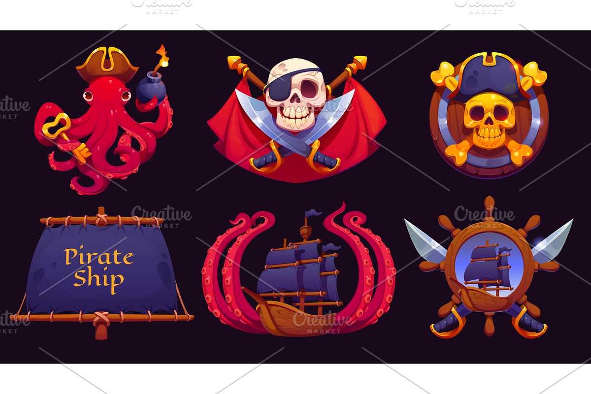 Cartoon pirate heraldry icons, an Object Illustration by Vector Tradition