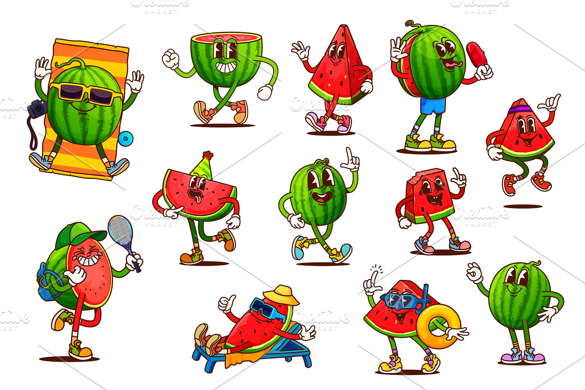 Cartoon retro groovy watermelon, a Food Illustration by Vector Tradition