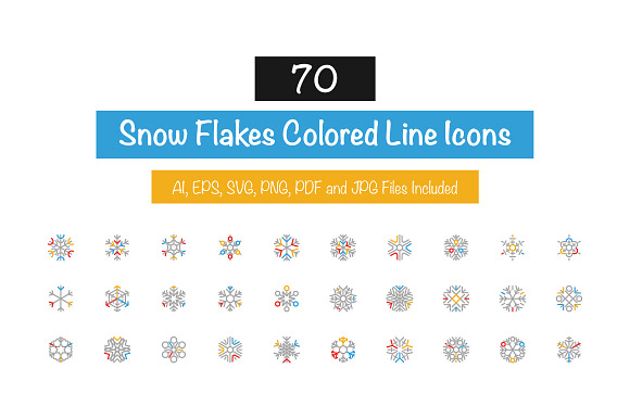 70 Snow Flakes Colored Line Icons