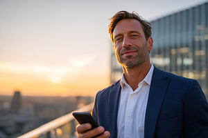Businessman enjoying sunset view while using smartphone on rooftop terrace, a Photo by AlyaAnd