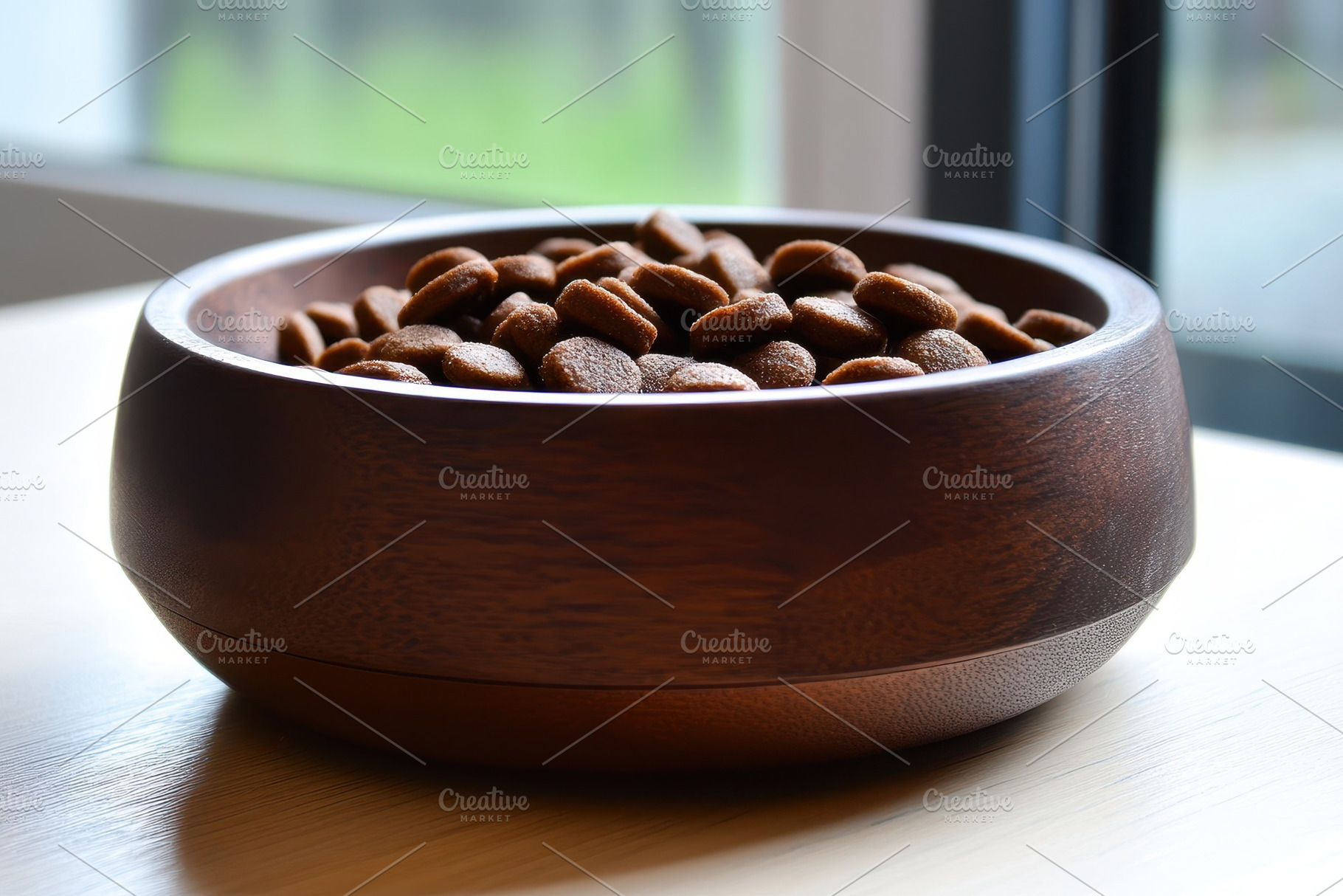 Brown slow feeder bowl filled, a Photo by Pavel_design