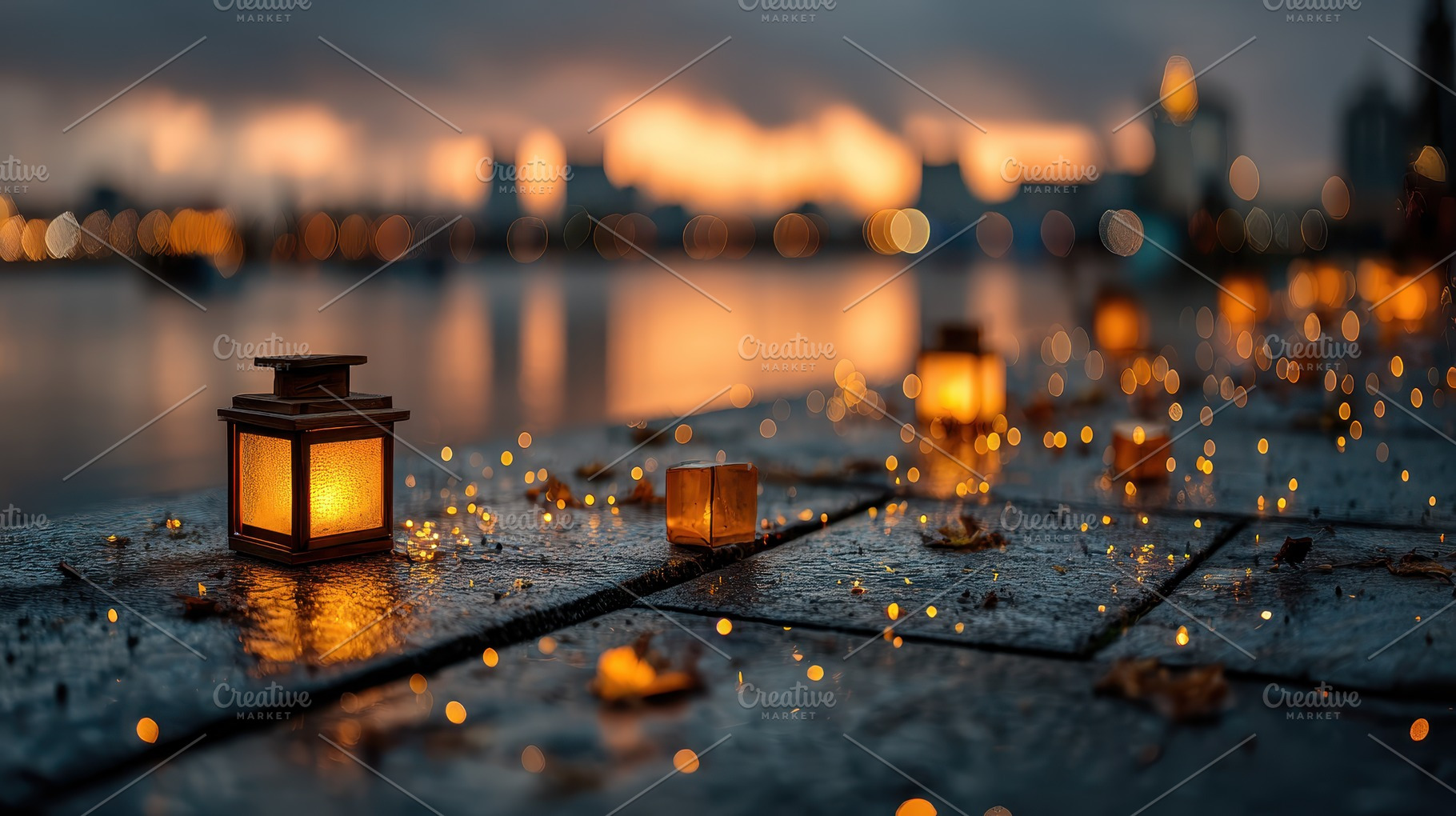 Lantern lights city sunset bokeh glo, a Photo by Pixeness Studio