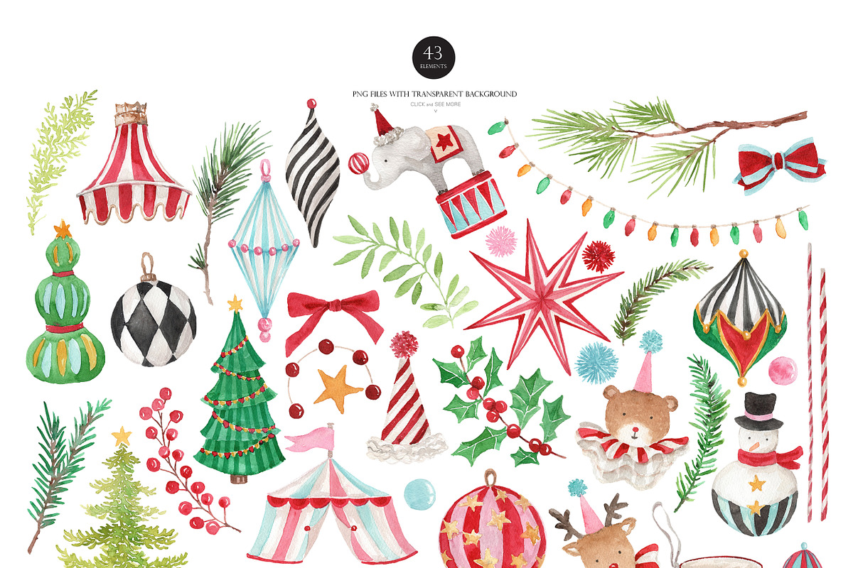 Watercolor Clipart-CHRISTMAS CIRCUS, a Decorative Illustration by Beigetime (Photo 3 of 12)
