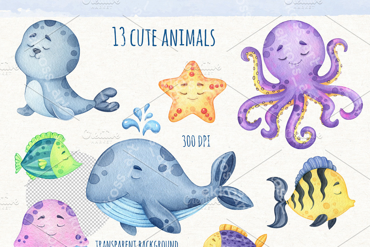 Watercolor Ocean Animals Clipart, an Animal Illustration by ekossa_art (Photo 2 of 4)