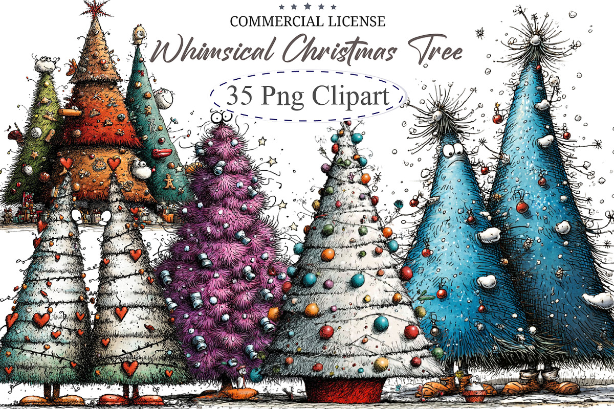 Whimsical Christmas Trees Clipart, an Illustration by designcity5 (Photo 1 of 5)