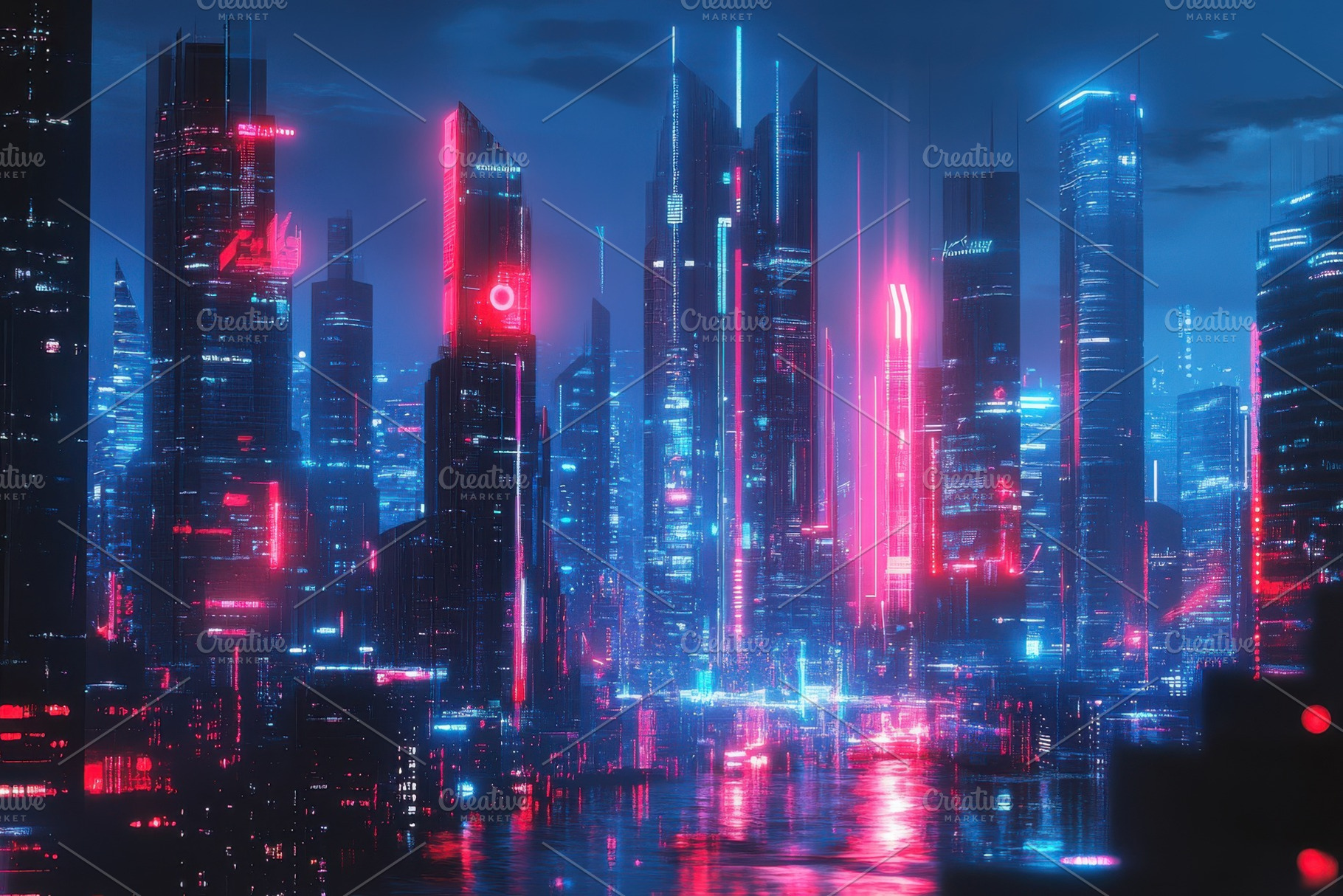 Futuristic Cityscape Neon Lights Nig, a Photo by Pixeness Studio