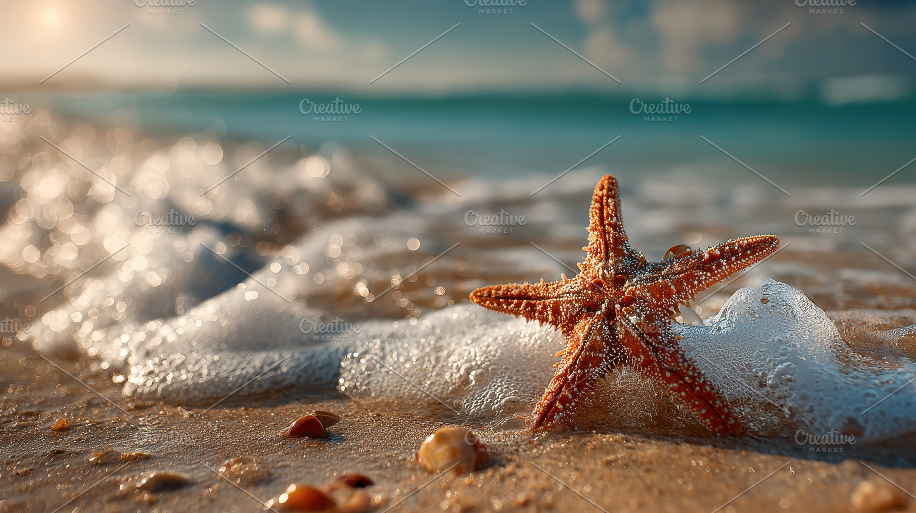 Starfish on the Beach Ocean Waves Su, a Photo by Pixeness Studio