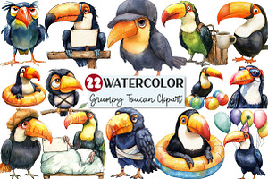 Grumpy Toucan Watercolor Clipart, an Illustration by Rose Art