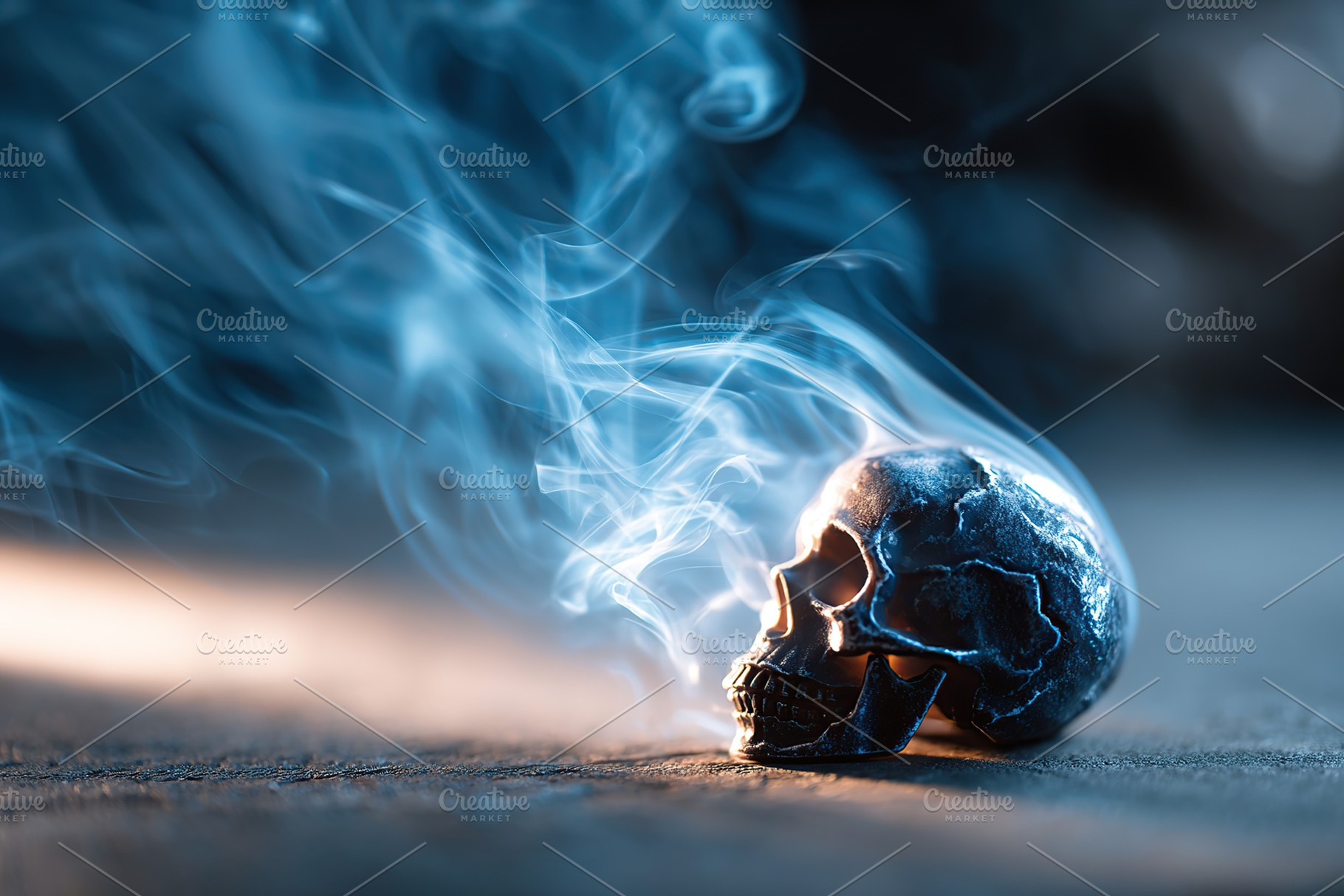 Dark smoke curls around a metallic skull on a dimly lit surface, a Photo by AlyaAnd