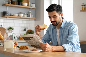 Young Man Reading Newspaper During Breakfast, a Photo by Davizro's Market
