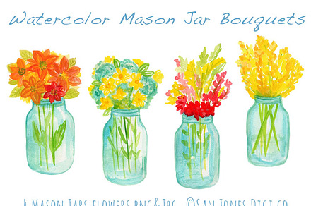 Watercolor Mason Jar Bouquets