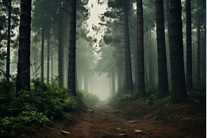Mystical forest path in morning fog, a Nature Photo by Ylivdesign