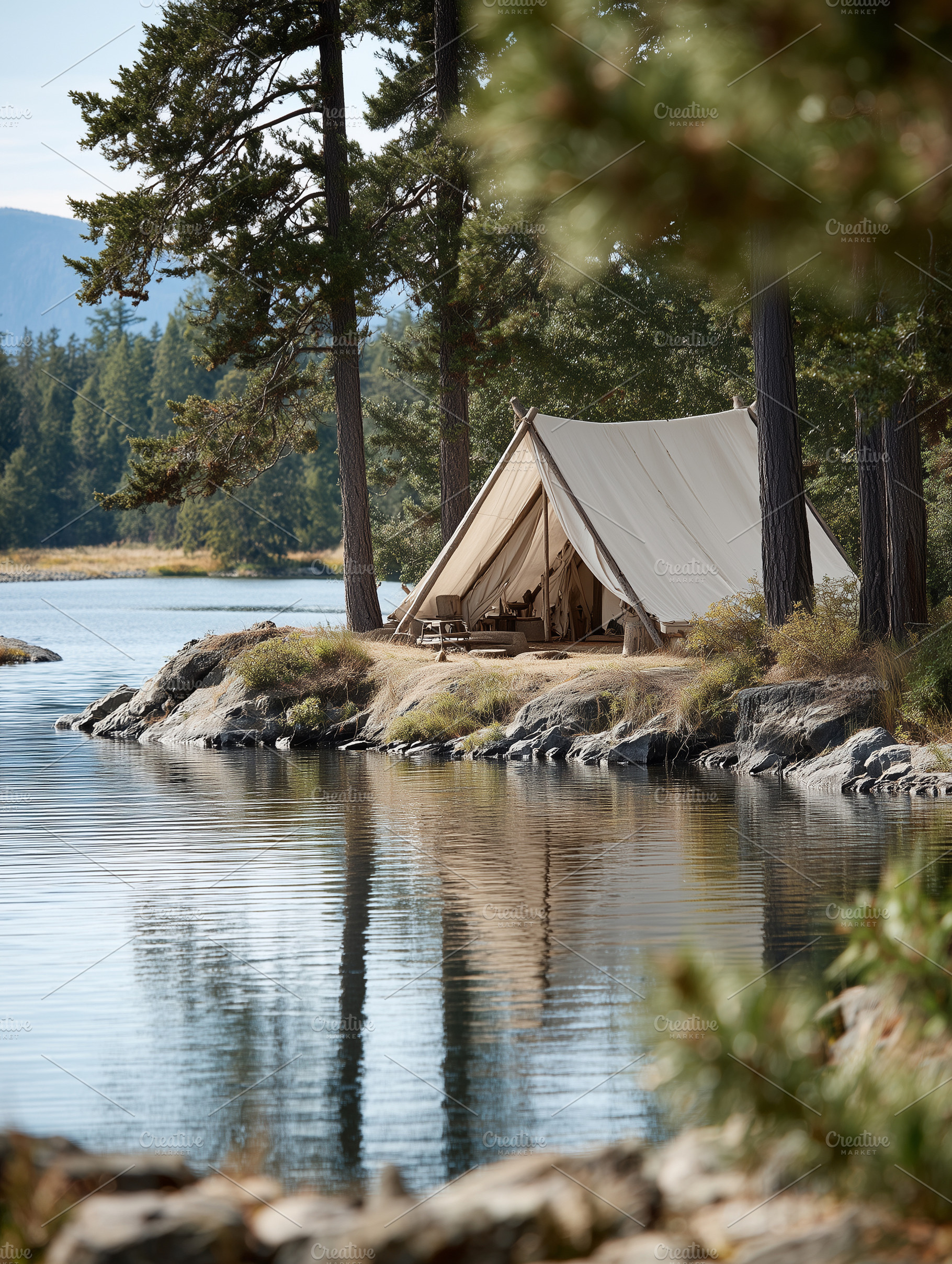 Glamping canvas tent on rocky lake, a Nature Photo by MistyDay